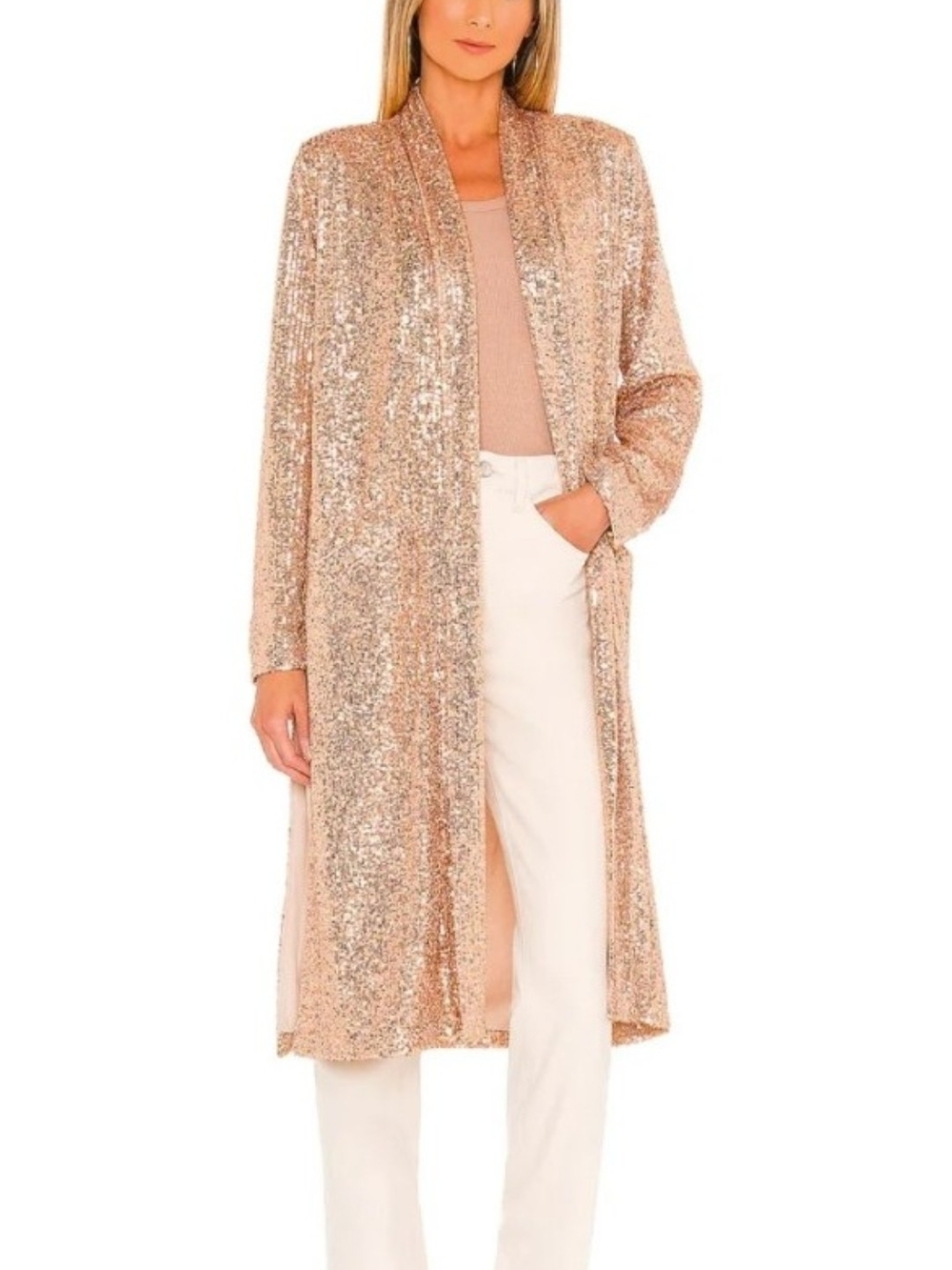 Sequin Long Open Front Duster - Rose Gold